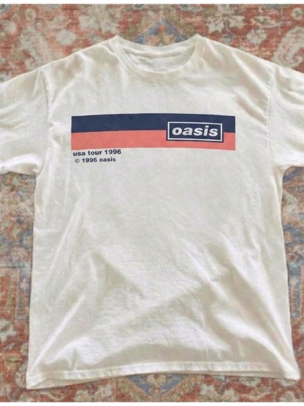 Gildan White Oasis 1996 Tour Tee with Navy and Red Graphic